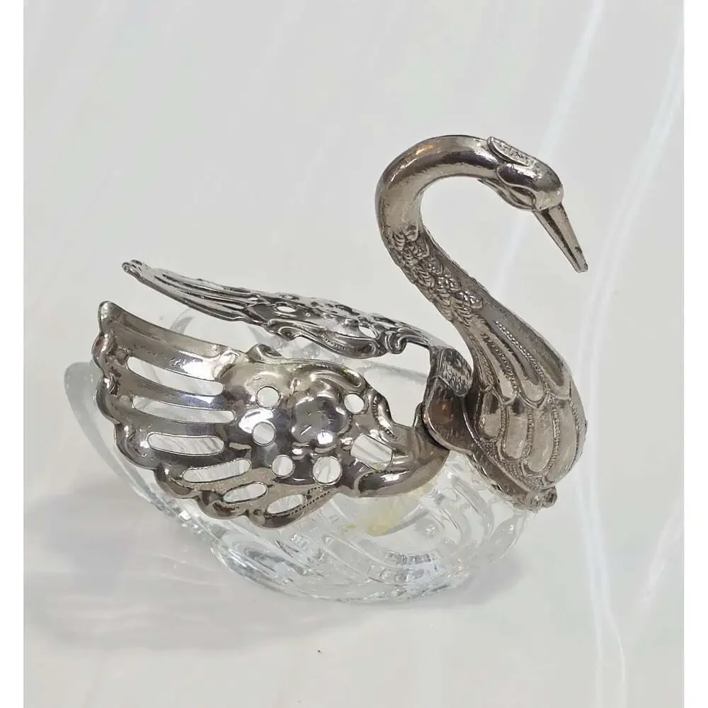 Vintage 1950s Glass Swan Salt Cellar, Silver Wings, Ring/Trinket DIsh